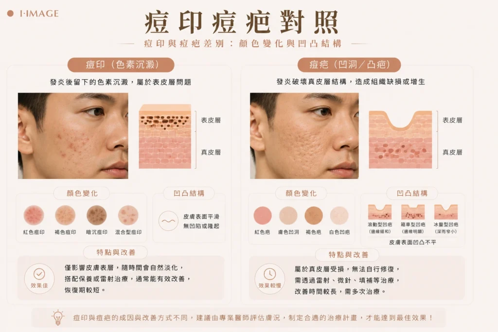 痘印與痘疤差別顏色變化與凹凸結構