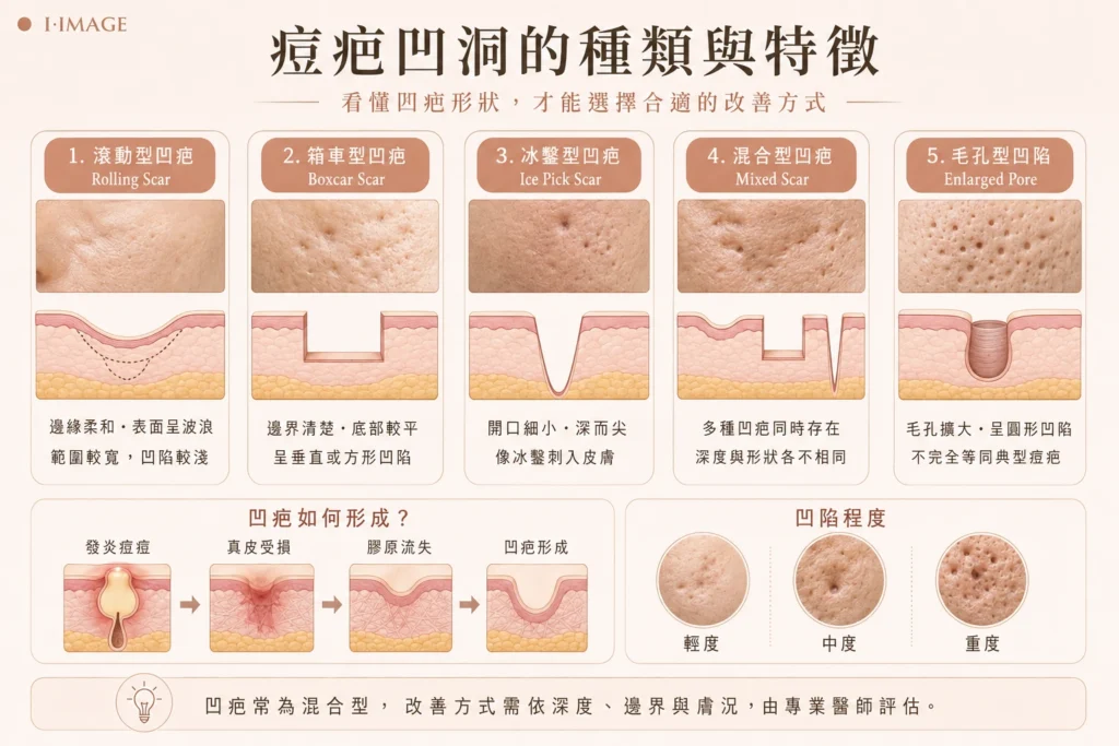 痘疤凹洞種類與特徵比較圖，包含滾動型、箱車型、冰鑿型、混合型及毛孔型凹陷