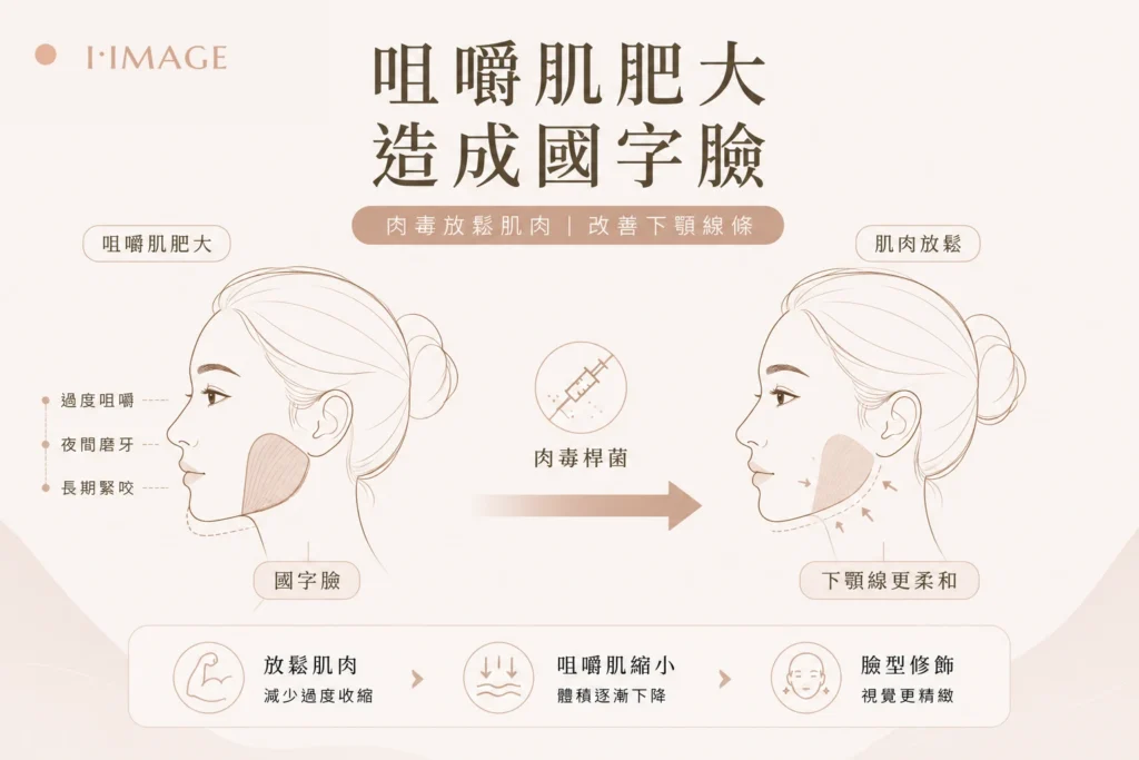 咀嚼肌肥大造成國字臉示意