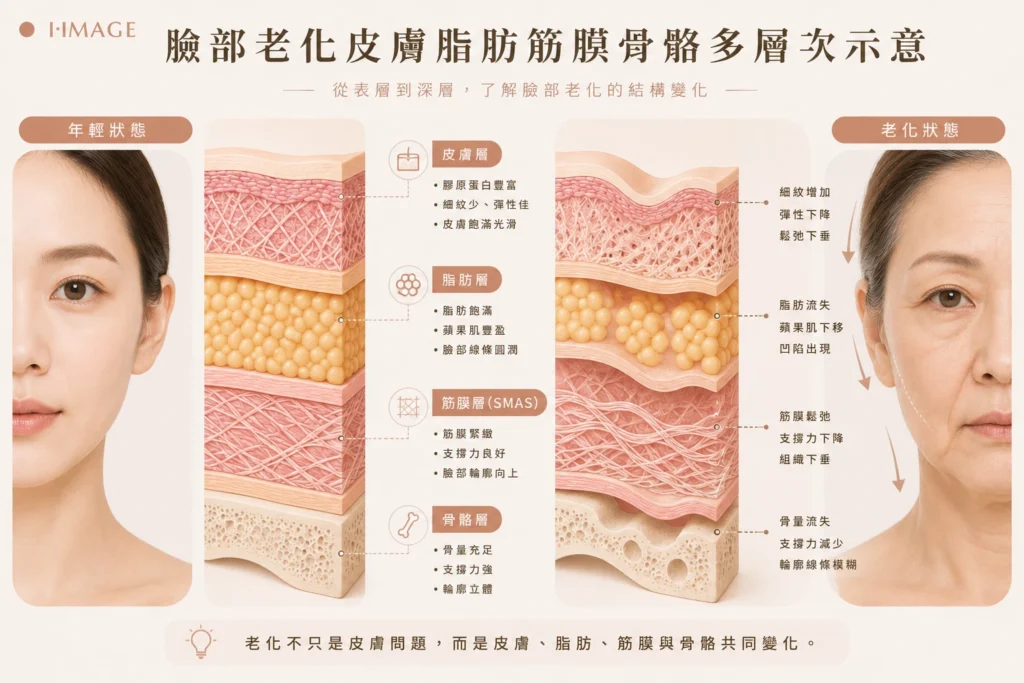 臉部老化皮膚脂肪筋膜骨骼多層次示意