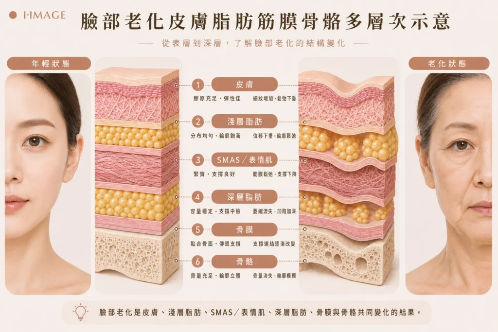 臉部老化皮膚脂肪筋膜骨骼多層次示意