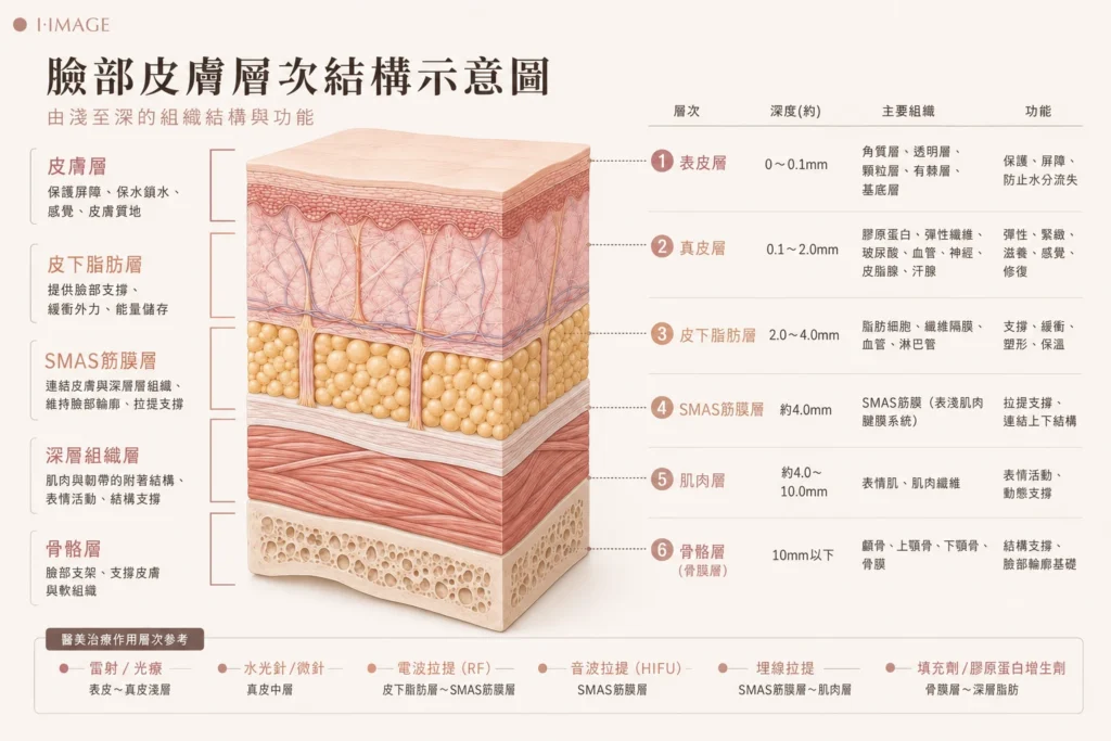 臉部皮膚六大組織層次與醫美療程作用深度示意圖，包含皮膚、淺層脂肪、SMAS表情肌、深層脂肪、骨膜與骨骼
