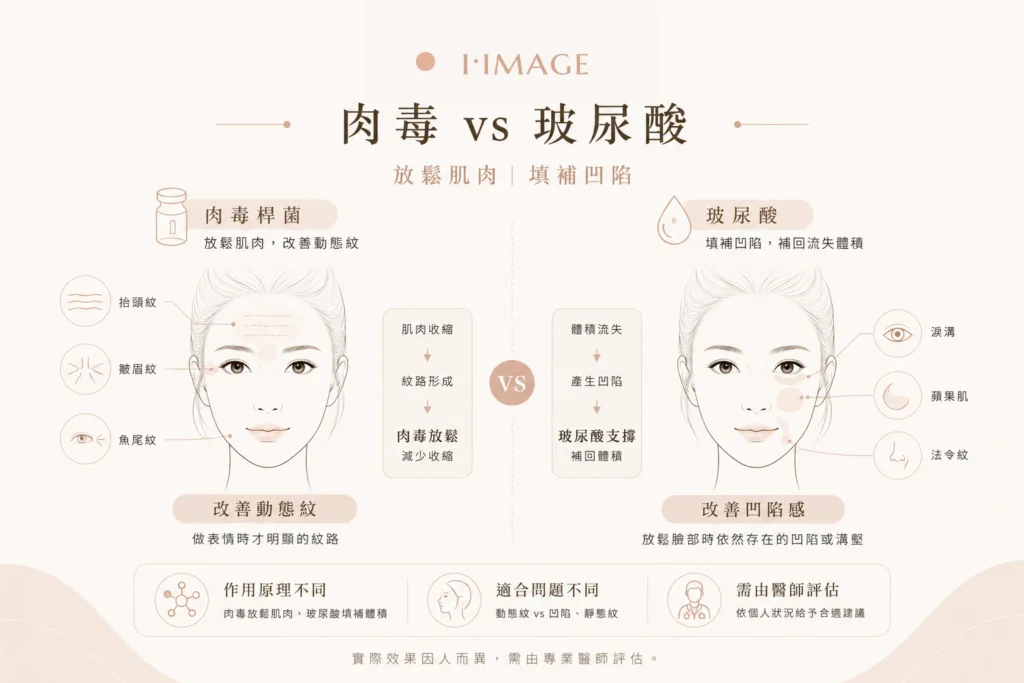 玻尿酸填補凹陷-肉毒放鬆肌肉-原理比較
