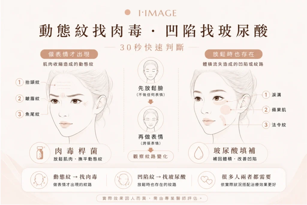 動態紋找肉毒-凹陷找玻尿酸-部位對照