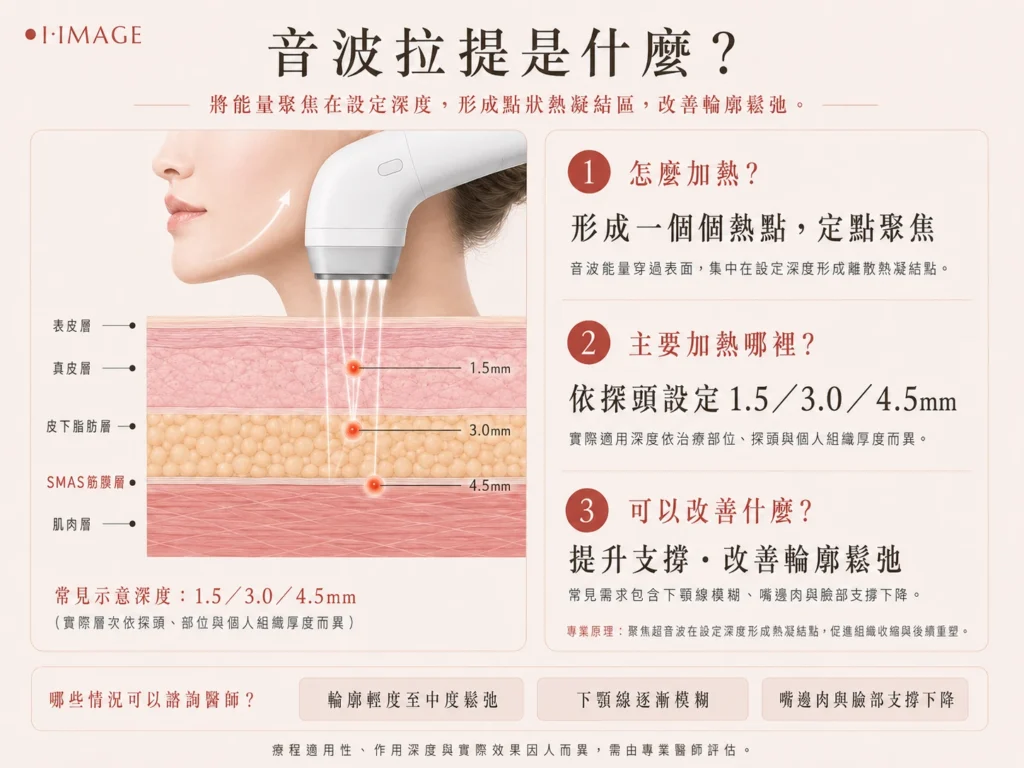 音波拉提原理與作用深度示意圖，說明聚焦超音波依探頭設定1.5、3.0及4.5mm形成熱凝結點