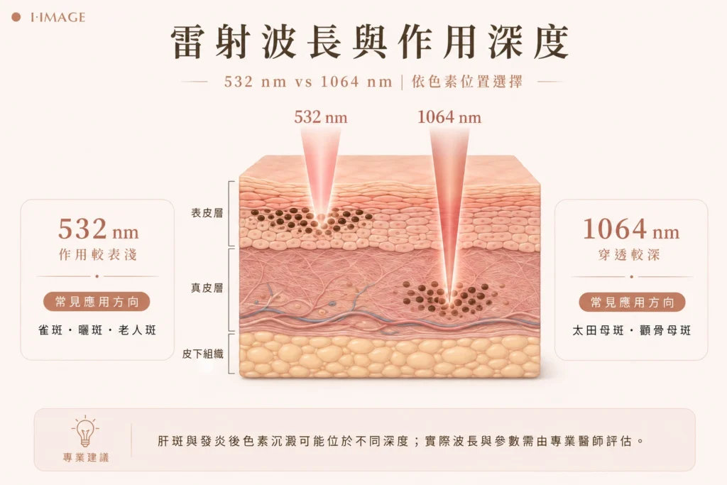 532nm與1064nm雷射波長及皮膚作用深度比較圖