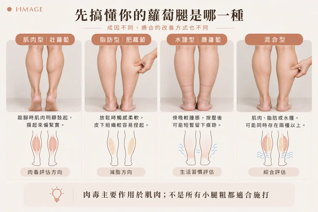 蘿蔔腿類型比較-肌肉型、脂肪型、水腫型、混合型